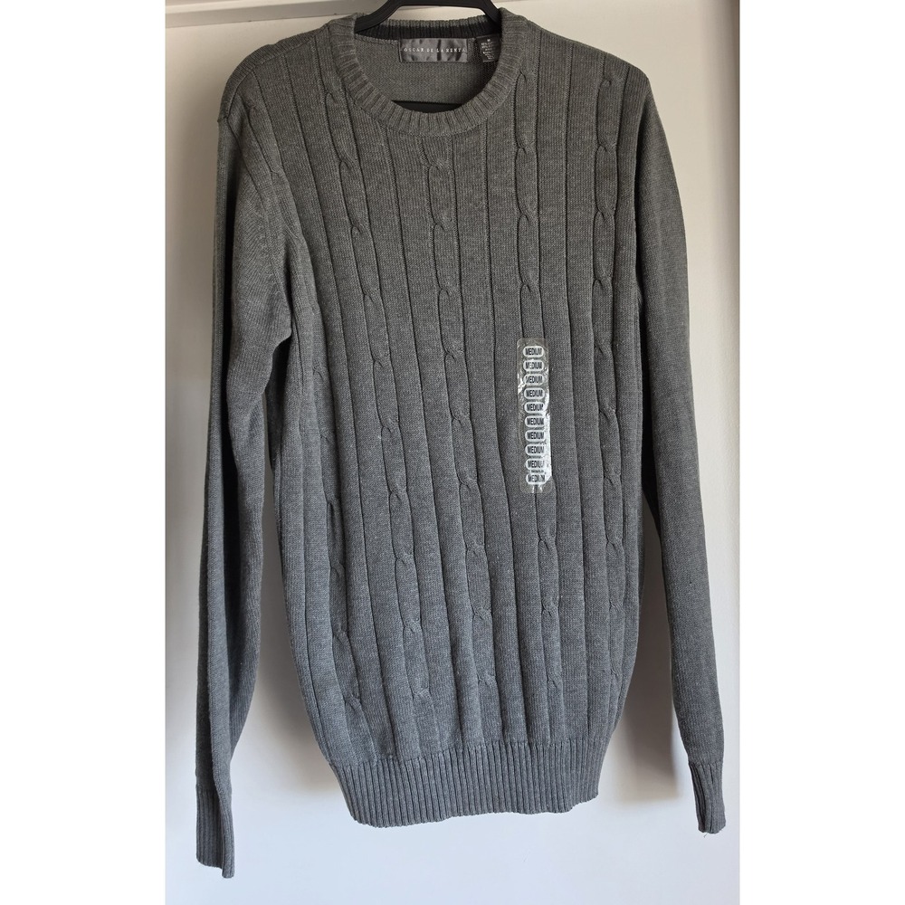 NWT Oscar de la Renta Men Crew Neck Cable Knit Sweater M Gray Classic Pullover